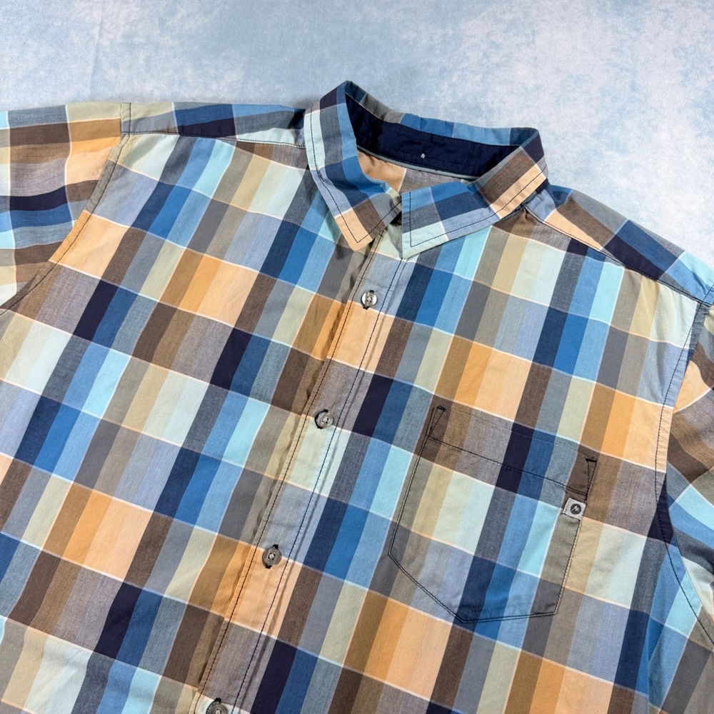 Marmot Button Up Shirt Mens XXL Blue Orange Excellent Plaid Short Sleeve